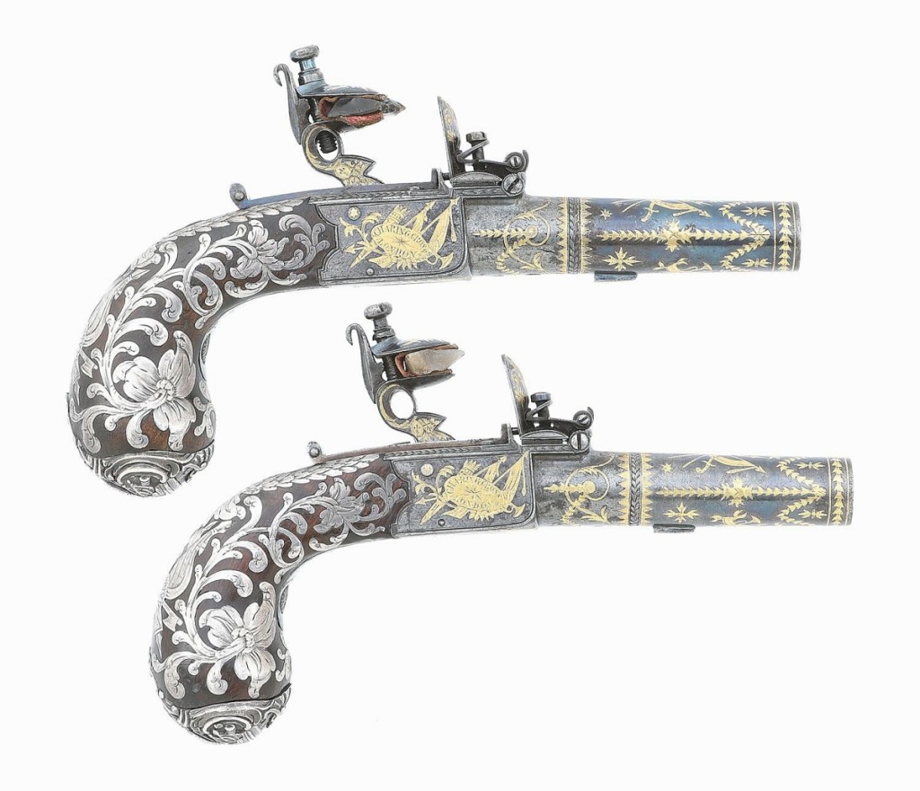 With fabulous engraving and embellishment, this pair of flintlock pistols by London firm Knubley & Brunn shot up to $25,850. The pair dated to the end of the Eighteenth Century and had been exhibited at the Willmer House Museum in Farnham in 1962 and also part of the ‘‘Art of the Armourer’’ exhibit at the Victoria and Albert Museum in 1963. Knubley was the gunmaker to the Prince of Wales. Frank Berry collection.