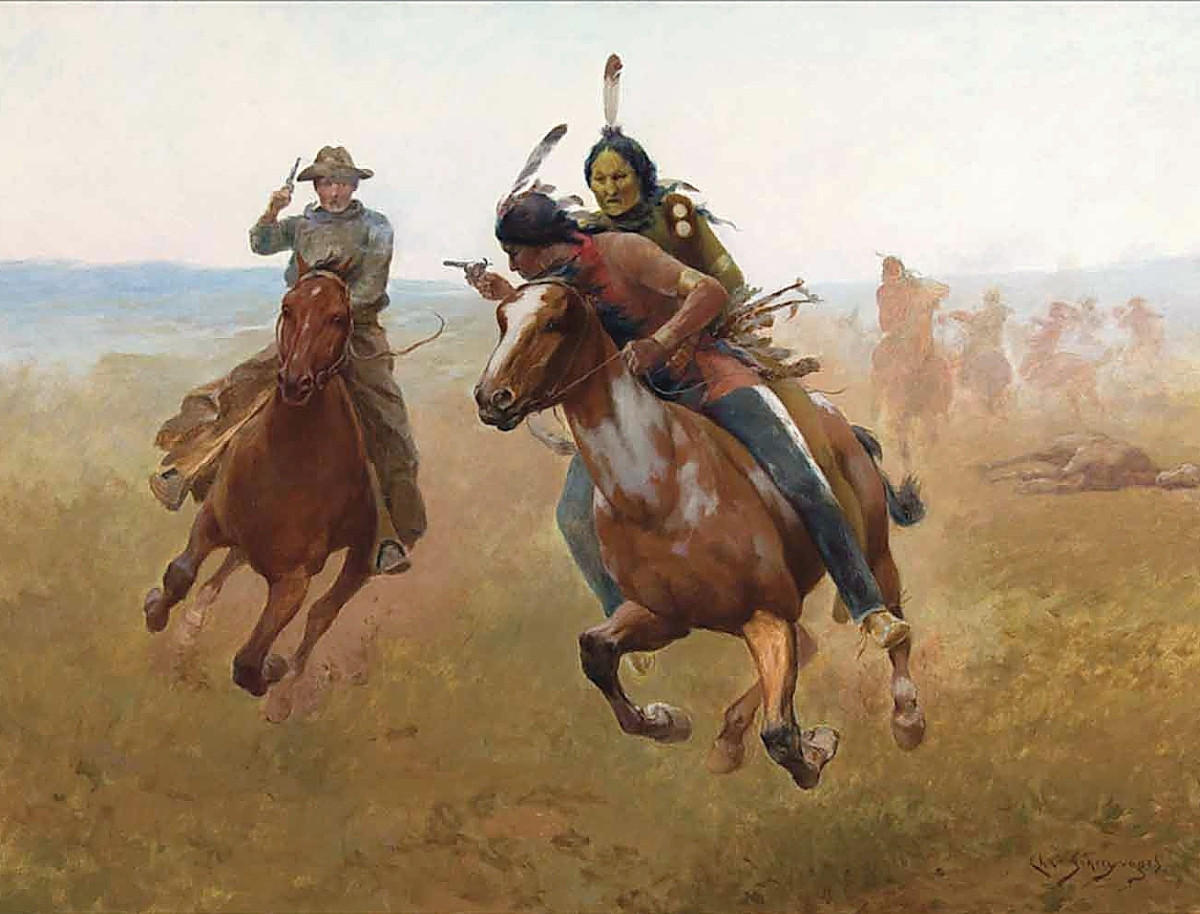 A private collector, bidding on the phone, made the right call on Charles Schreyvogel’s “A Close Call” and took it to the top price in the sale. The oil on canvas measured 25¼ by 34 inches and realized $819,000 ($750,000-$1.25 million).
