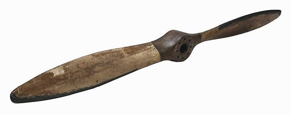 The high flyer of three lots of airplane propellers was this Avro 504K laminated hardwood two-blade airscrew that spun to $7,438. It sold to a private UK collector, bidding online.