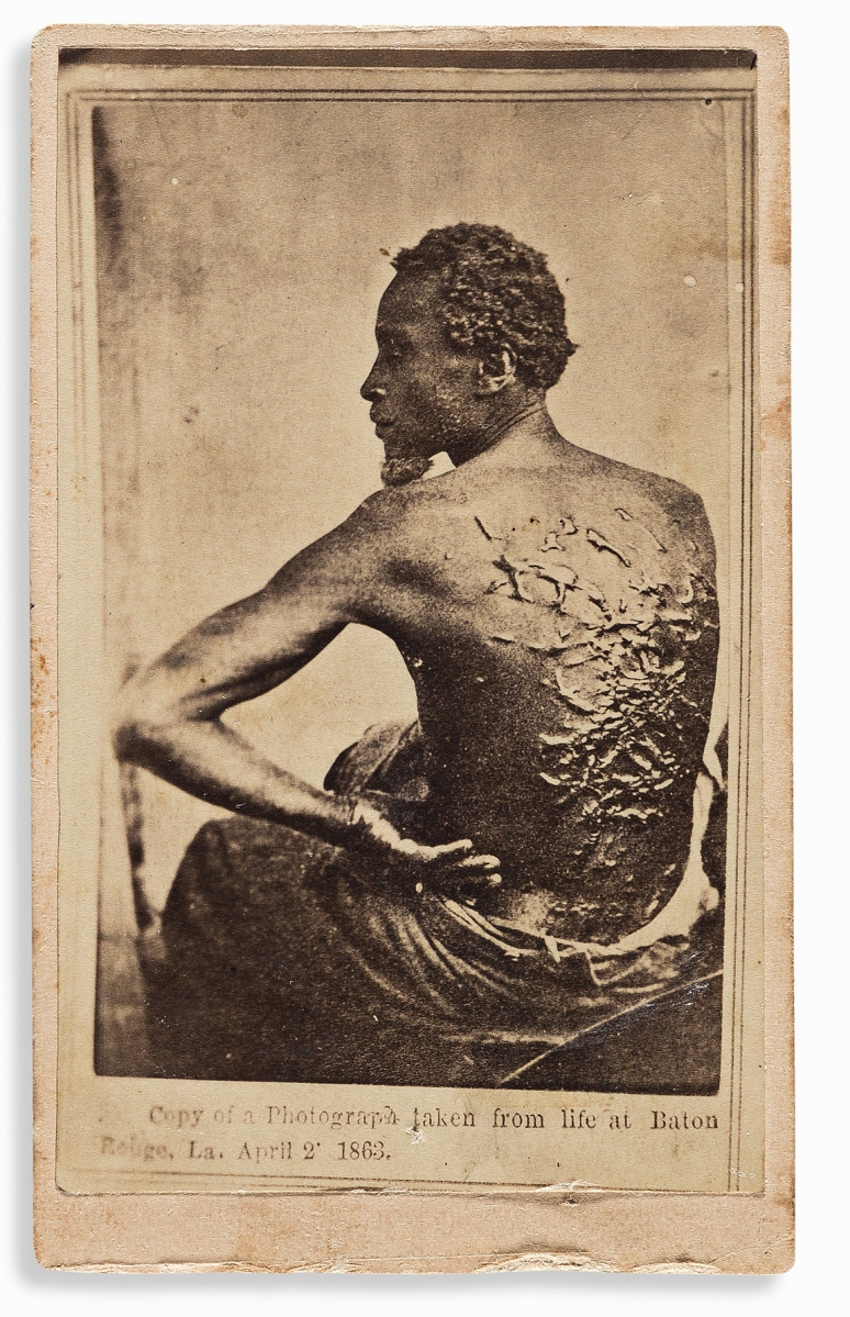 Selling for $21,250 was a second-generation CDV of one of the most iconic images of slavery. After repeated beating and whippings at a Louisiana plantation, Gordon escaped from slavery and made his way to a Union army camp at Baton Rouge, where he joined the Army as a private. A camp photographer took a series of photographs, of which this became the best known. It appeared in a July 1863 issue of Harper’s Weekly.