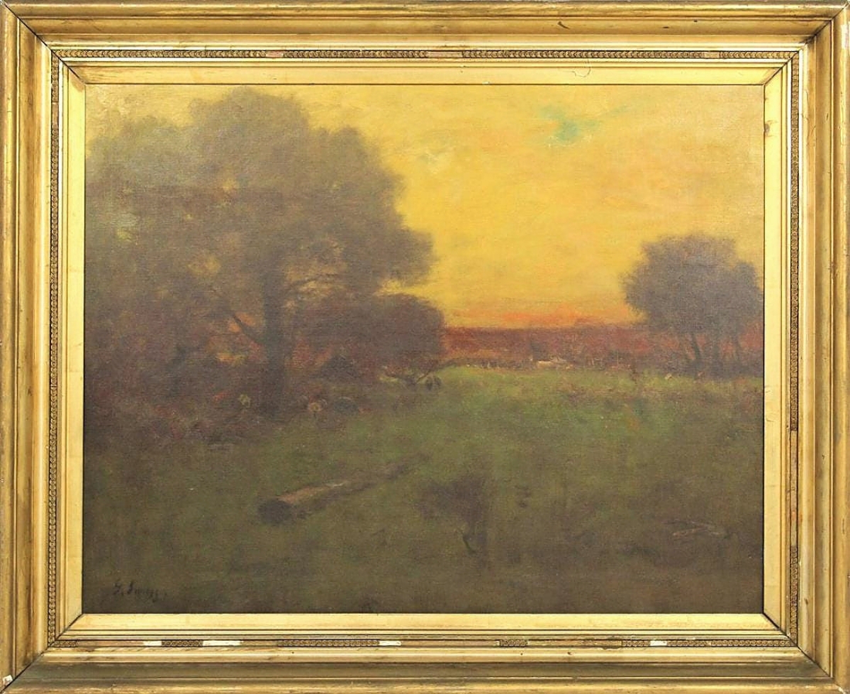 An ethereal oil on canvas landscape with diffused light and softly defined forms signed George Inness (American, 1825-1894) was bid to $12,100.