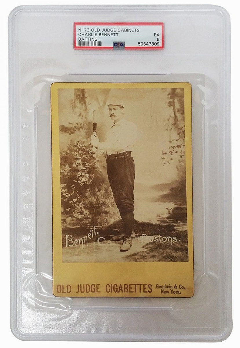 Charlie Bennet is credited with developing the first catcher’s chest protector, which he wore under his uniform. His cabinet card, released by Old Judge Cigarettes, was graded PSA 5 and sold for $3,690.