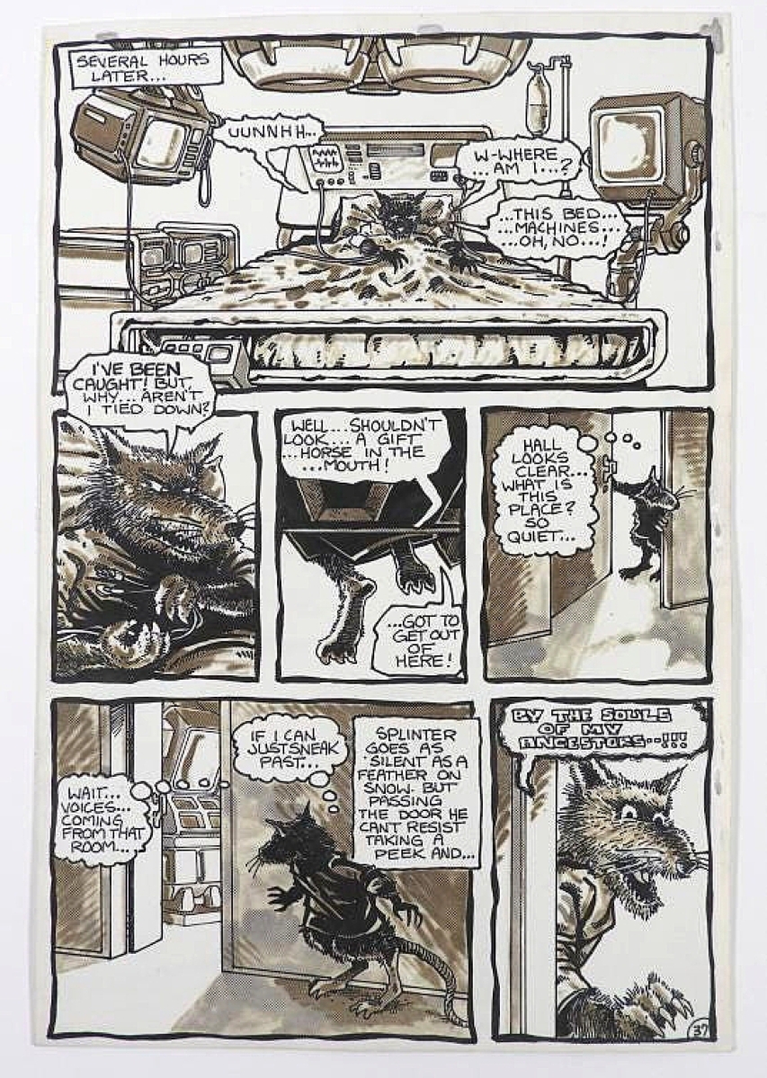 This page of original art from Kevin Eastman and Peter Laird for Teenage Mutant Ninja Turtles went out at $14,375. It was made for issue 23, which was released in 1985 for the second year of the comic’s run. It had a $24 price tag on it from when the original owner bought it at the New York Comic Con in the 1980s.