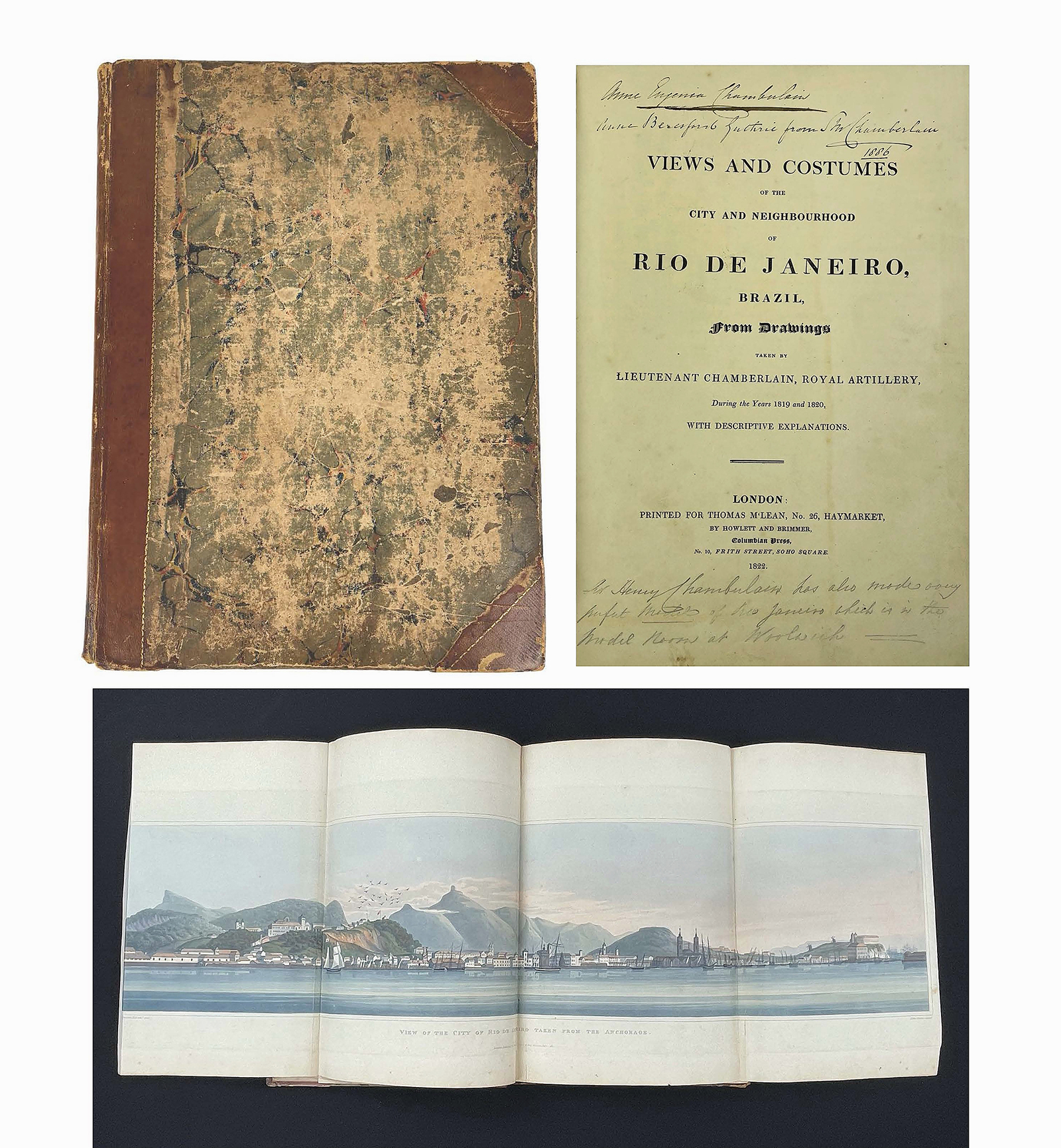 So popular were the panoramic folding plates depicting Rio’s harbor in Lt. Henry Chamberlain’s Views and Costumes of the City and Neighbourhood of Rio de Janeiro (London, 1822), that they often ended up being framed, which, coupled with the book’s issuance in parts, made finding complete copies exceedingly rare. This first edition, with notation’s by Chamberlain’s stepmother, was the top lot in the sale. Complete with all 36 plates, it sold for $108,000.