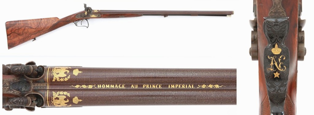 This ornate double percussion shotgun was made in tribute to Prince Imperial, Napoléon Eugène Louis Jean Joseph Bonaparte, grandson of Napoleon Bonaparte, on the occasion of his birth. It would sell for $25,850. Squier collection.