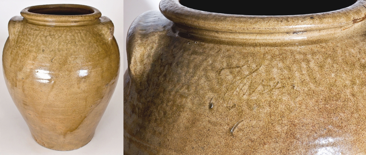 One of only two known signed works by Harry, an enslaved turner at the Pottersville Stoneware Manufactory and possible predecessor at that pottery to Dave, this 4-gallon stoneware jar went out at $120,000 to an art collector. The signed work and unique attributes, including the flattened handles, will allow the firm to attribute other works to the potter in the future.