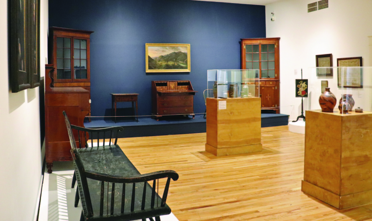 Installation image, “Tennessee Fancy: Decorative Arts of Northeast Tennessee 1780-1940,” on view through October 31 at the William King Museum of Art.