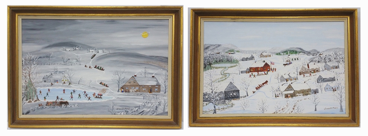 These works by Forrest K. Moses had originally been purchased from the artist in Vermont shortly after they were painted in the late 1960s. The snow scenes both sold at the same price to different buyers, $3,444.