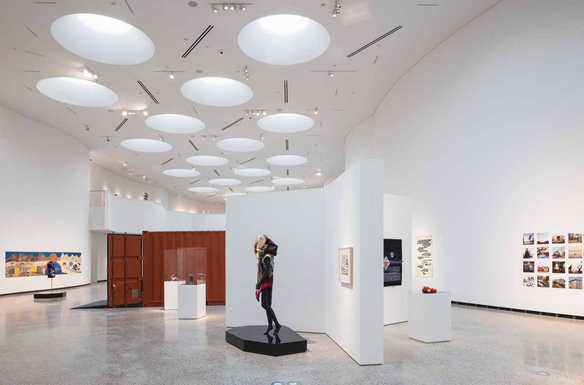 Qaumajuq’s galleries feature abundant light and space. Inuit visitors to the museum have likened the skylights in the main gallery, Qilak, to igloo apertures and ice-fishing holes. Photo by Lindsay Reid. Courtesy Qaumajuq at the WAG.