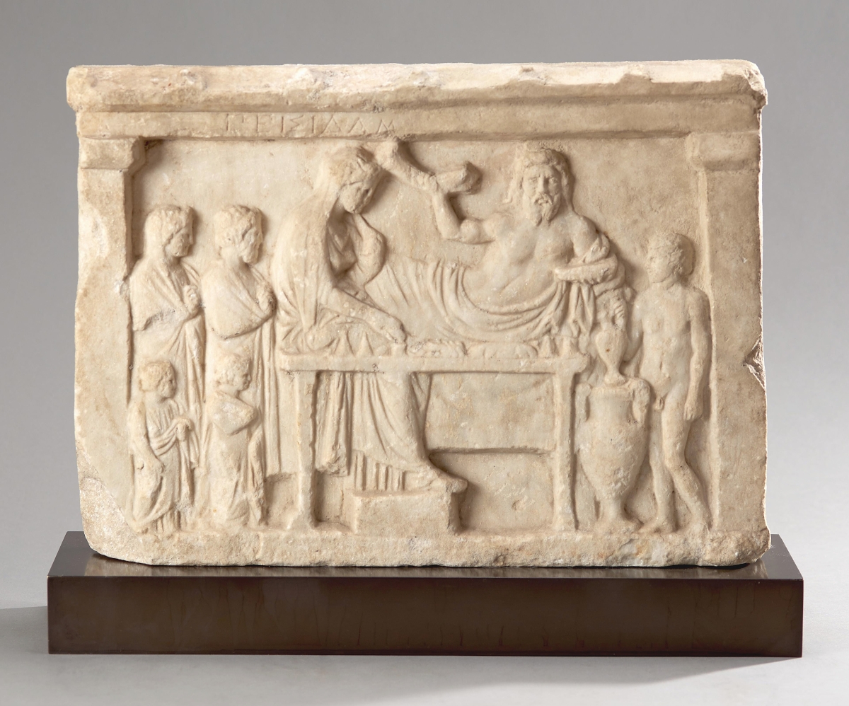 Selling for $34,800 was a Greek marble banquet relief from the Magna Graecia period, circa the Fourth Century BCE. It was incribed “Peisidam” (Peisodamos), the name of the deceased.