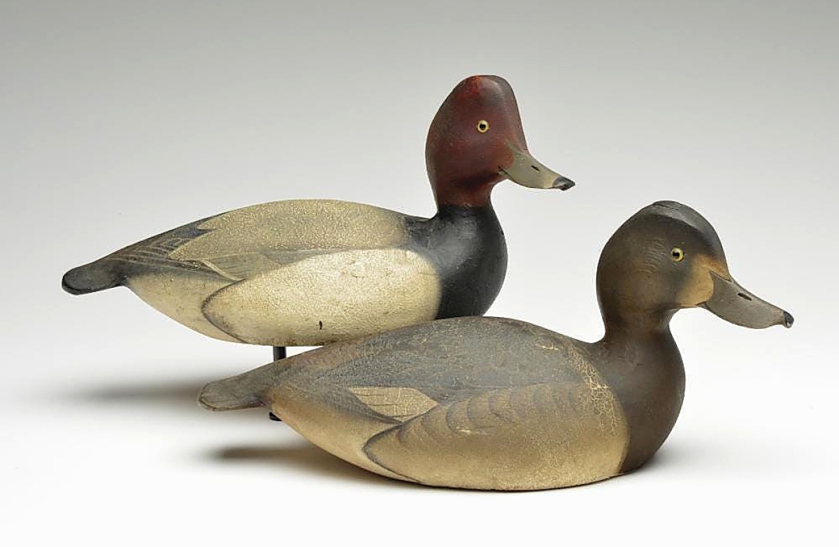 The Ward brothers of Crisfield, Md., made this pair of redheads for Dr Edgar Burke, a close friend and frequent client of theirs. A banner on the underside of the drake reads, “Dr Edgar Burke with the maker’s compliments, LT Ward.” They sold for $126,000.