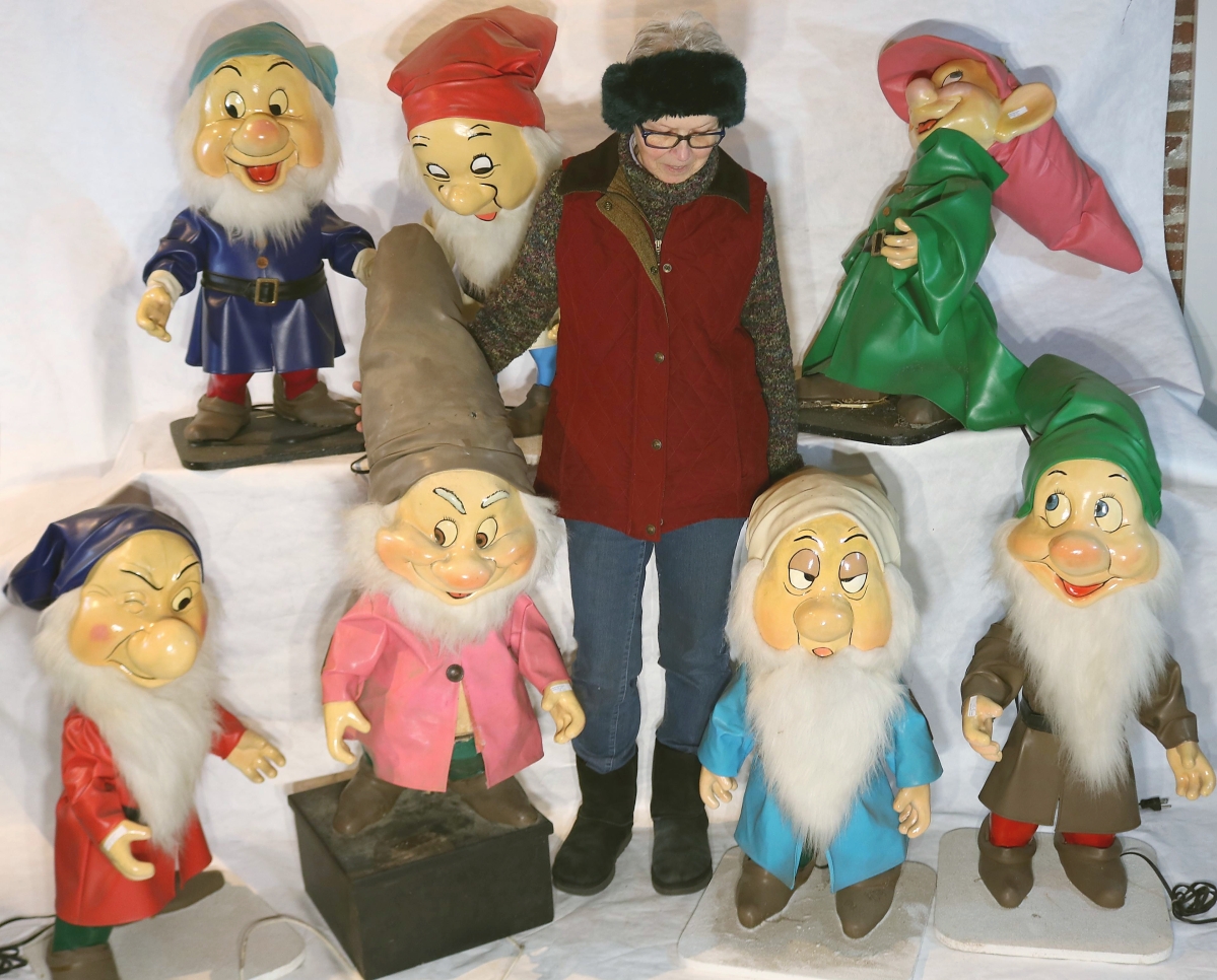 Among the automatons offered in the sale, perhaps the most winsome were Seven Dwarfs fetching $7,188. Of composition and on wooden stands, they ranged from 30 inches to 34 inches high, with one on a platform reaching 48 inches high. That is not Snow White standing in their midst but 5-foot-2-inch Diane McNamee.