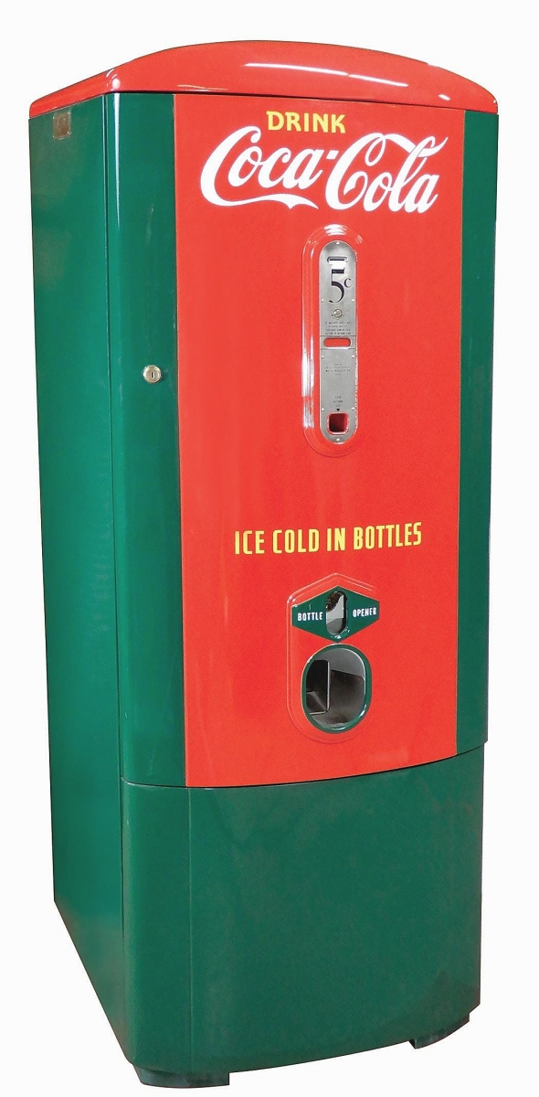 A rare Coca-Cola coin-operated vending machine, circa 1941, which would dispense a bottle when 5 cents was inserted, was only produced for one year. It tied for top lot, bringing $17,200.