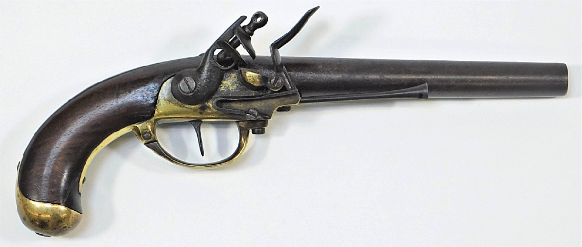 A circa 1799-1802 US North & Cheney second contract pistol, model 1799, .74 bore, with serial number 697 marked on the shoulder of the breech plug, on the bottom of the barrel at the breech and under the barrel on the brass frame, realized nearly twice its high estimate, selling for $59,040.