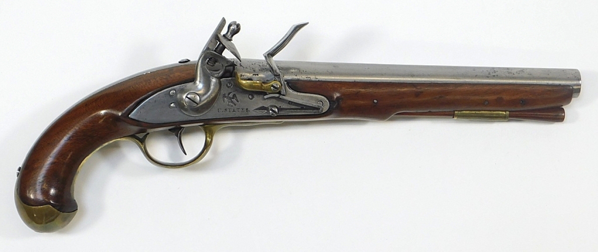 Awarded a “Best of Show” trophy by the Gun Collector Committee at a 2016 NRA annual meeting, this Model 1808 Navy flintlock pistol, 16 inches long with walnut stock, brass butt cap, trigger guard, side plate and ramrod pipe, was bid to $19,680.