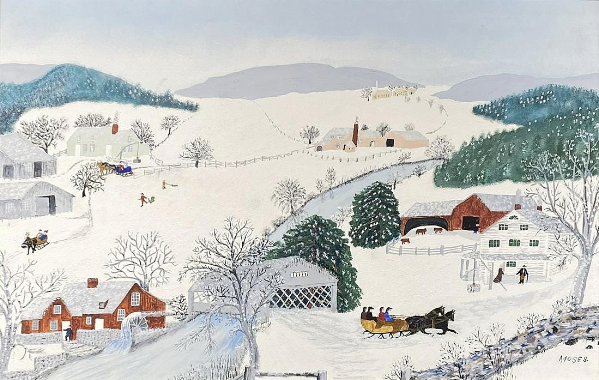 Frequently exhibited and with impeccable provenance, “Over the River to Grandma’s House on Thanksgiving Day” by Grandma Moses was one the paintings selling for more than $100,000. It was signed, had the artist’s inventory label and finished at $150,000.