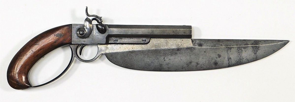 A circa 1837 US Navy Elgin cutlass pistol, .54 bore with a walnut grip, was one of only 150 cutlass pistols made from a US Navy contract, with the blades made by N.P. Ames. This example won the Gun Collector Committee’s Best of Show trophy at the NRA annual meeting in 2016, in an exhibition titled “US Military Pistols: Evolution to Perfection.” It sold for $39,360.