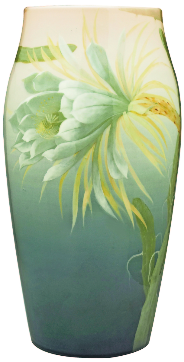 The sale’s top lot was a 17-inch-high Rookwood Pottery vase by Carl Schmidt, dated 1911. A night-blooming cereus is featured in full portrait on this example, which survived in excellent original condition. It sold for $63,750 and ranks among the top results for Rookwood Pottery at auction.