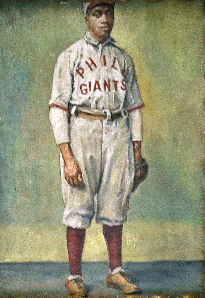 A final price of $1,845 was achieved by this African American Philadelphia Giants baseball painting, done in oil on wooden panel.