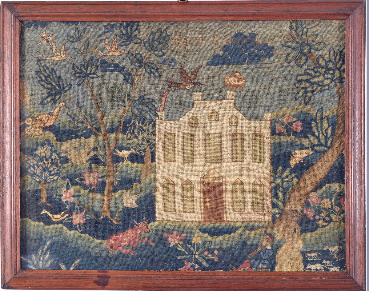 A Boston embroidery dated 1757 from a Braintree, Mass., estate fetched $21,366. It was done by Sarah Livermore and depicted a large house with a couple in the front lawn, a man playing an instrument and supporting sheep, cows, bird and flowers.