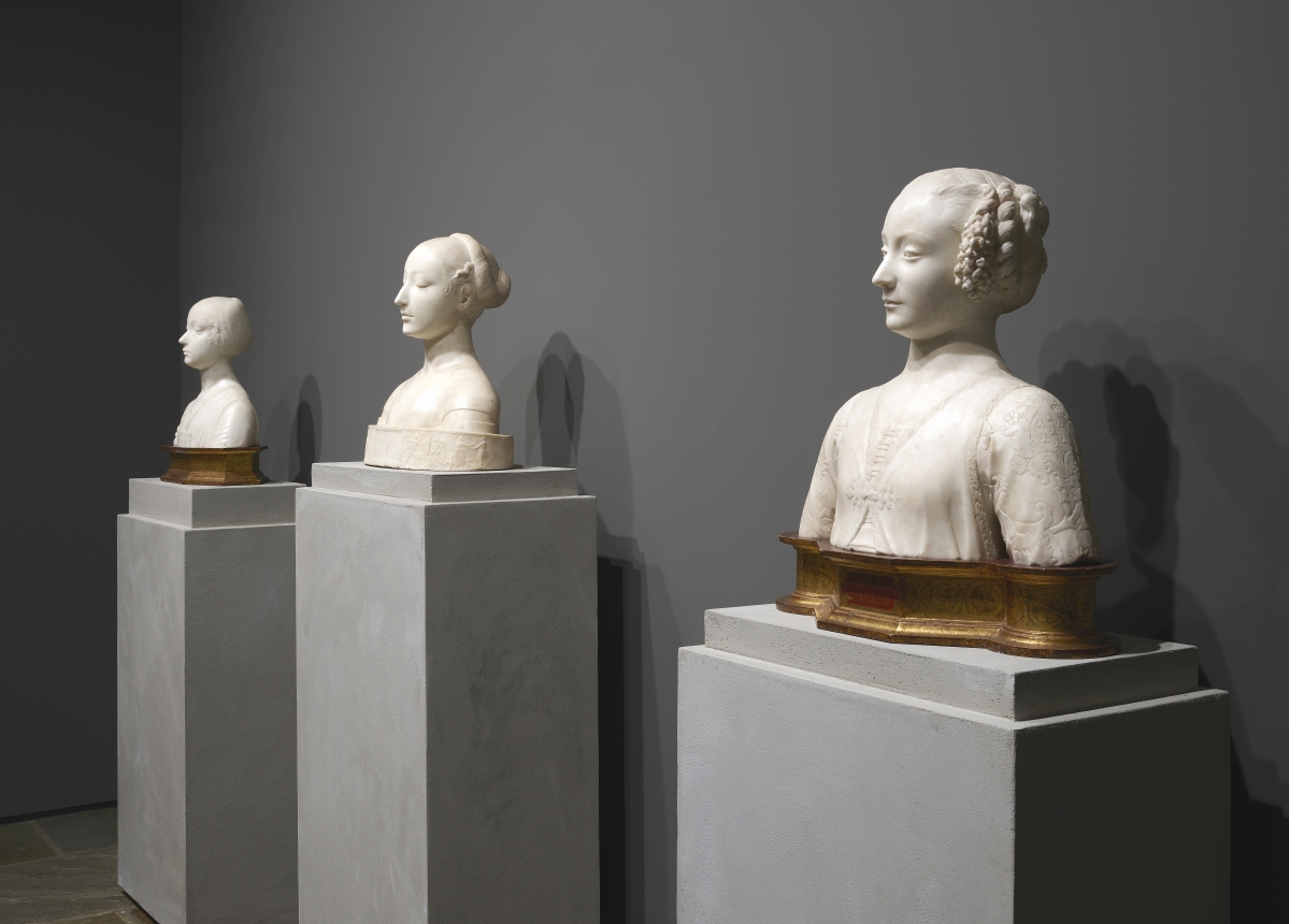 The third-floor galleries at Frick Madison begin with three rare marble examples of Italian Renaissance portrait sculpture. By Laurana and Verrocchio, they date to the 1470s. The next room features early Italian religious painting from the Frick Collection, including works by Paolo Veneziano and Piero della Francesca.