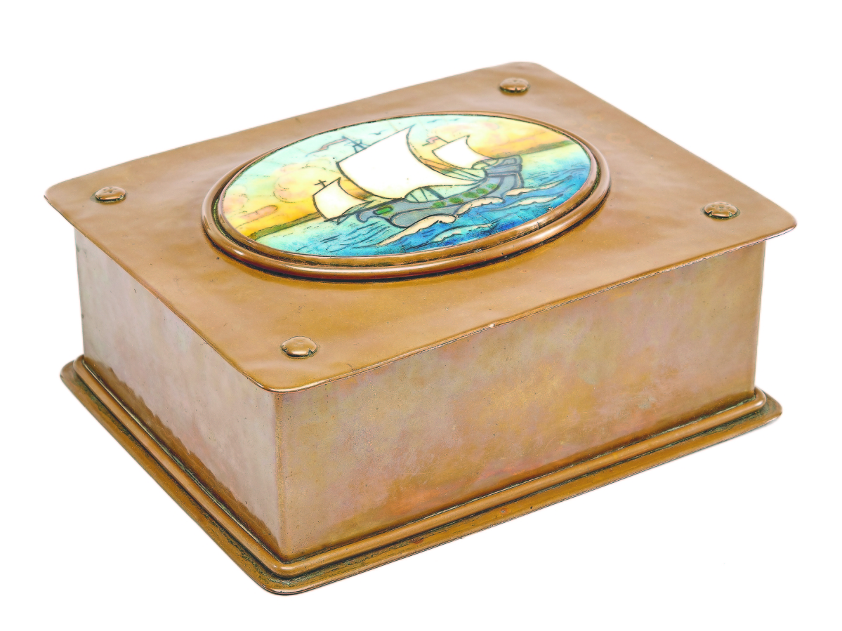 Gertrude Twichell’s enamel works have been gaining steam in the past few years, with Treadway building the market up with a number of strong results. This copper box with central enamel plaque went out at $17,500.