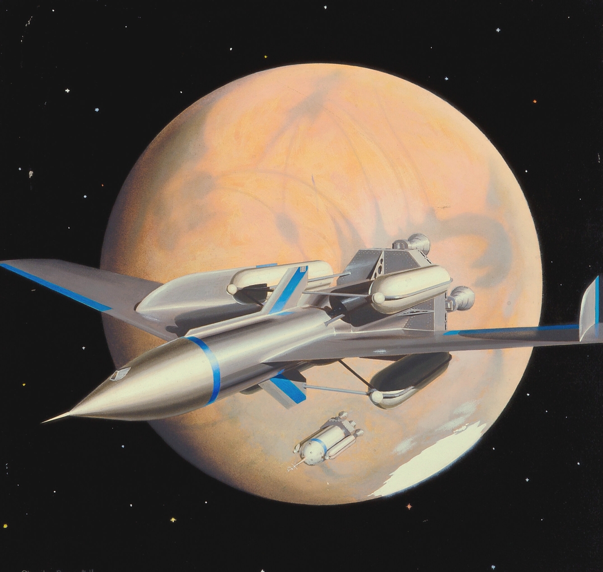 One of two works in the sale by Chesley Bonestell (American, 1888-1986) that was the cover illustration for the book The Exploration of Mars, brought $87,500. Both works had been consigned by the same seller, who had acquired them directly from the artist.