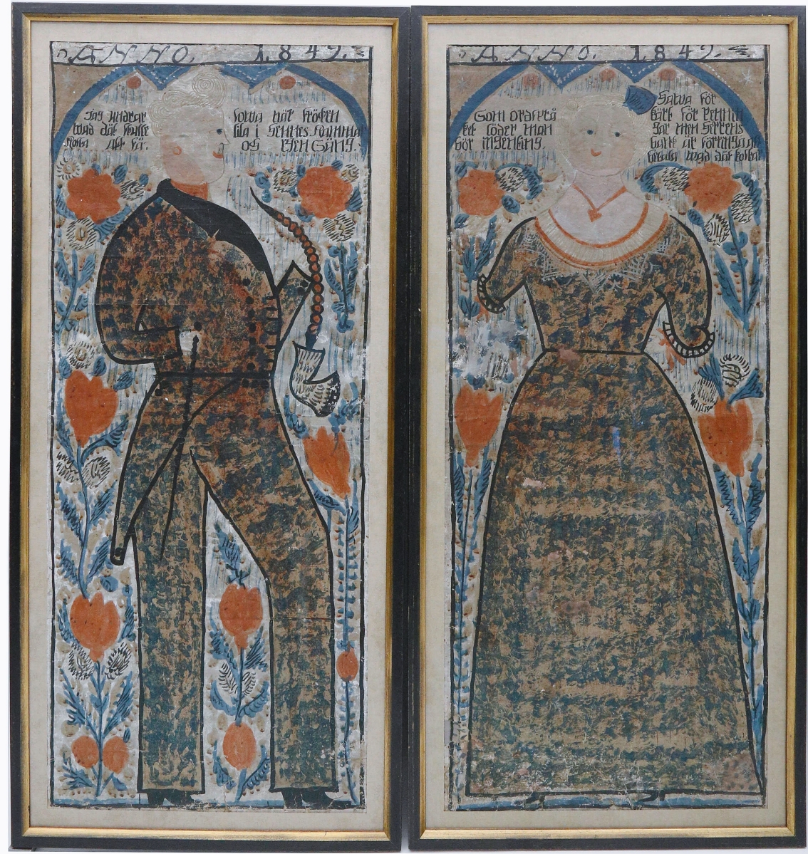 Bringing the most of ten lots of colorful Swedish folk art bonads was this lot of two tempera on paper portraits of a man and woman in colorful period clothing, dated 1849. It sold to an online buyer for $17,780 ($ ,000).