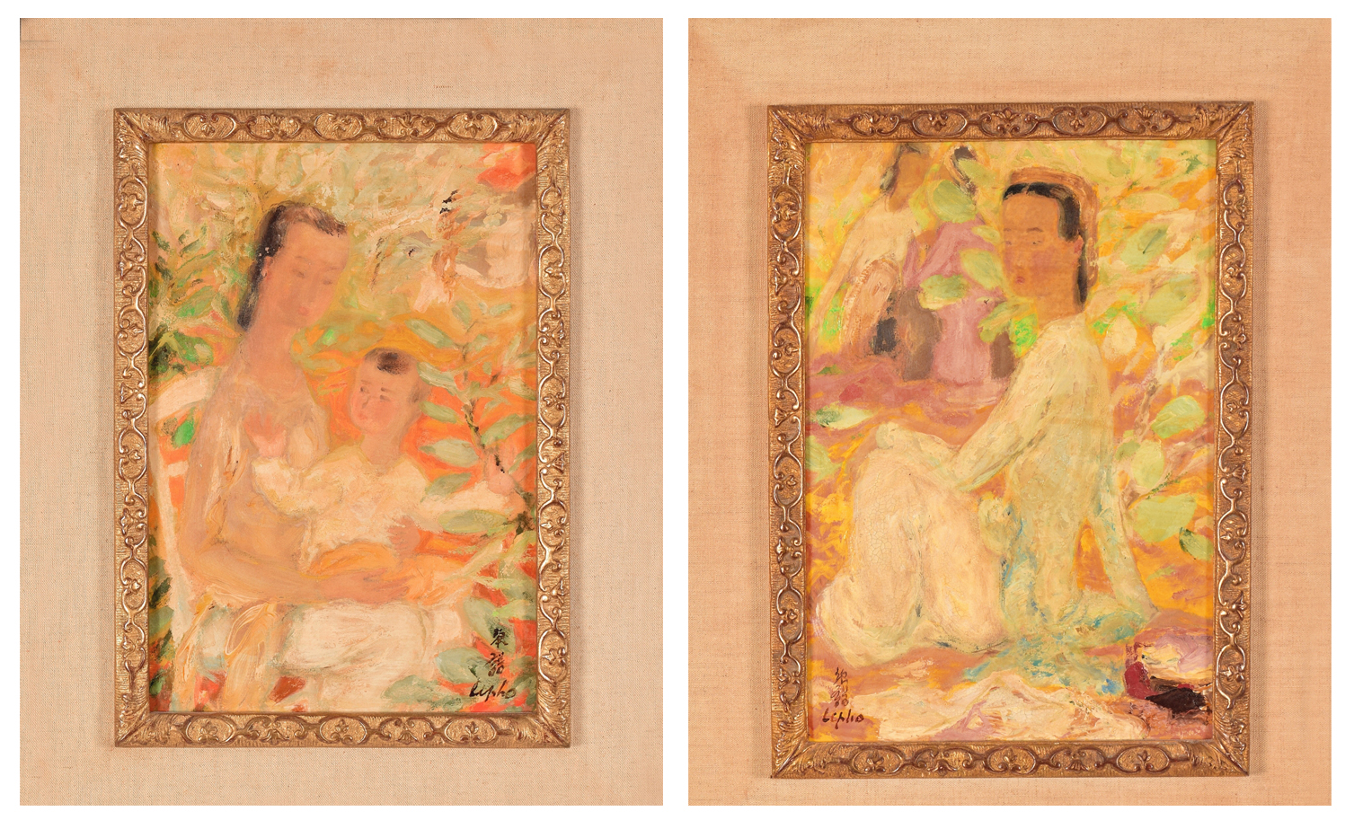 Two paintings by Vietnamese artist Le Pho (1907-2001), both of which had been collected from a Paris gallery, brought $35,000 and $33,000, respectively from the same bidder. They were “Dans le Jardin,” left, an original oil on linen canvas or silk mounted on Masonite, depicting girls in a garden, and “Mere et Enfant,” or Mother and Child in a Garden. Together, they added $82,960 to Tremont’s gross.