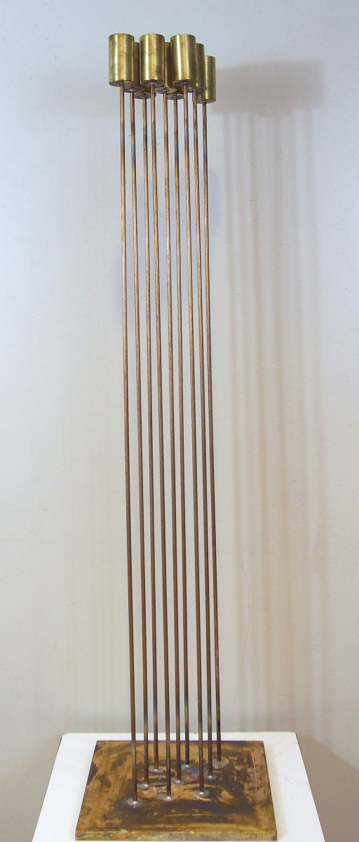 “B-2385 Forward Sounds” by Val Bertoia, sculpture, brass, beryllium-copper, silver, 45 by 11 by 11 inches, $9,020.