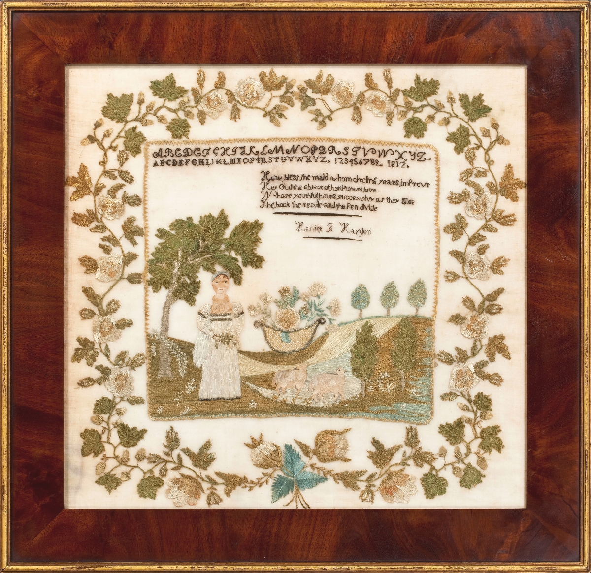 Harriet F. Hayden of Fitzwilliam, N.H., worked this sampler in 1817, which Amy Finkel said is one of several known pieces that form a small but highly significant group considered to rank highly within the finest of New Hampshire folk art. It was worked in silk and metallic coils with watercolor on paper, on fine linen gauze. M. Finkel & Daughter, Philadelphia, Penn.