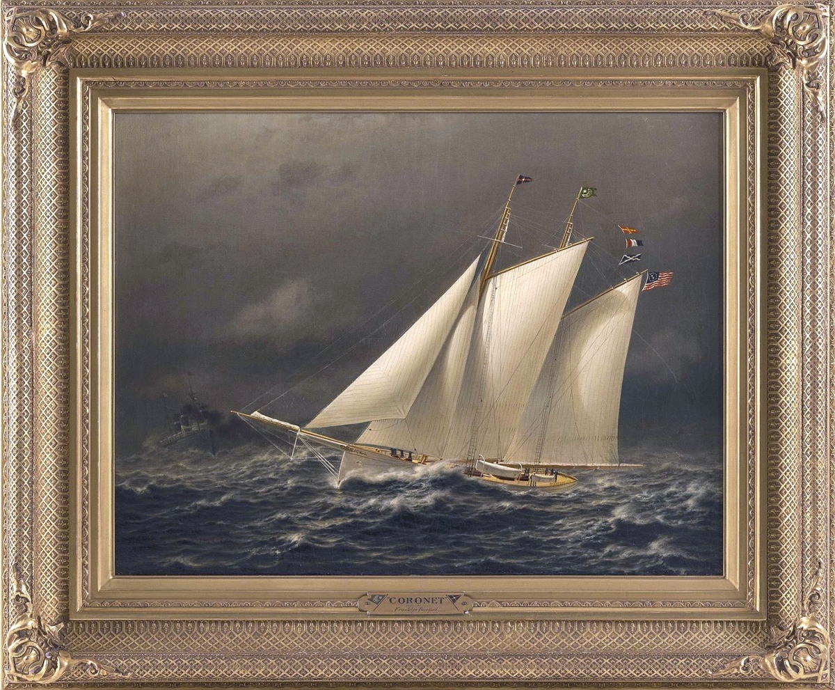 The sale’s top lot was “Coronet Underway” by Franklyn Bassford (American, 1857-1897), which brought $28,750. The work was completed in 1895, two years before the artist ended his own life. It was presumably commissioned by the ship’s then-owner, Arthur Curtiss James, one of the wealthiest Americans in his day who owned railway stock and mining interests.