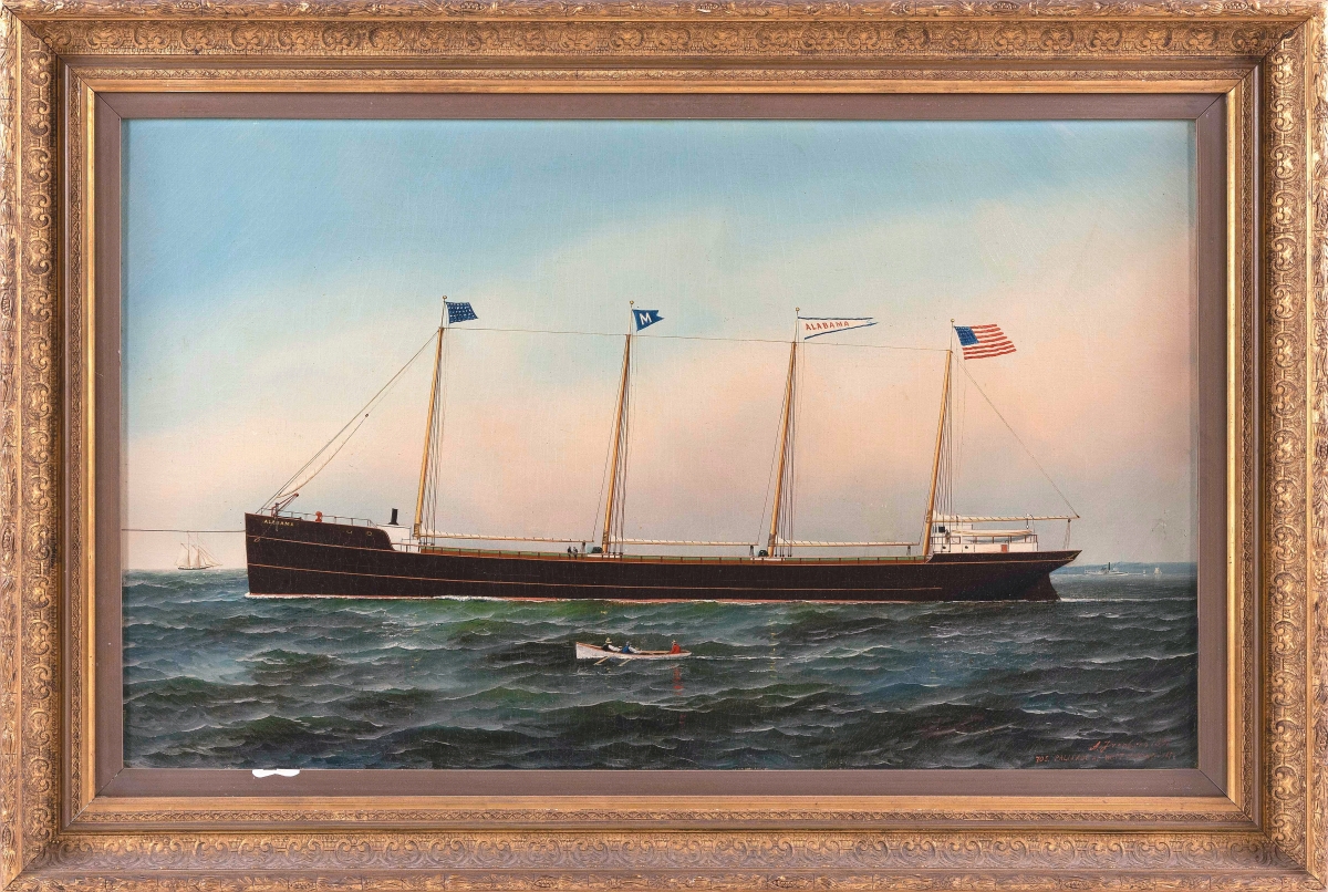 Antonio Nicolo Gasparo Jacobsen’s (1850-1921) top lot was found in the 22-by-36-inch “The Four-masted Steam/sail Schooner Alabama,” which took $17,500. Eldred’s noted that the ship was built at Harlan & Hollingsworth at Wilmington, Delaware for W.D. Munson of New York in 1873. Kelton collection.