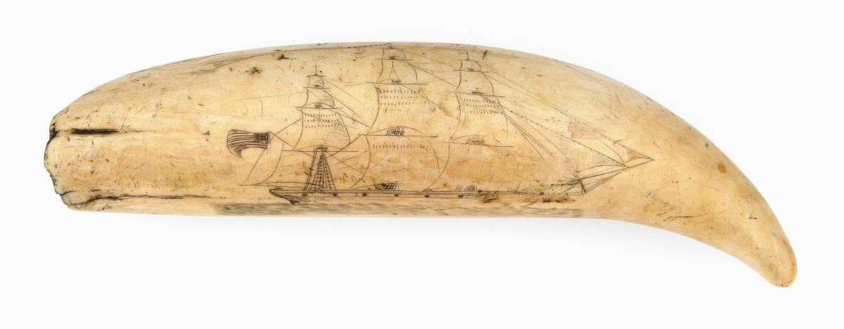 Among the only series of scrimshawed teeth that tell a singular story, this tooth attributed to The Arch Engraver went out at $12,500. Eldred’s sold three other teeth believed to be from the same hand, series and jawbone in a 2017 sale from the Mittler collection. The same collector purchased this and now has all four known examples. The full story tells the tale of a whale hunt, including scenes of sailing, pursuing a pod, harpooning a whale, etc.
