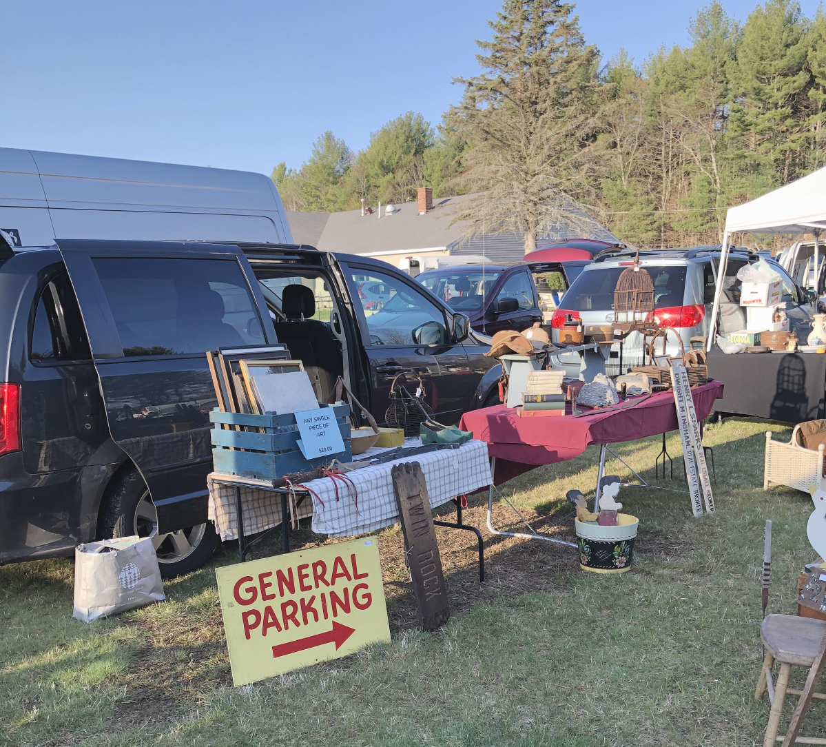 The parking sign was priced at $55 by Lanny Lumbert of Portland, Maine. There were other signs, an unusual, homemade birdcage and a stack of Thornton Burgess books, for which he was asking $20 each.