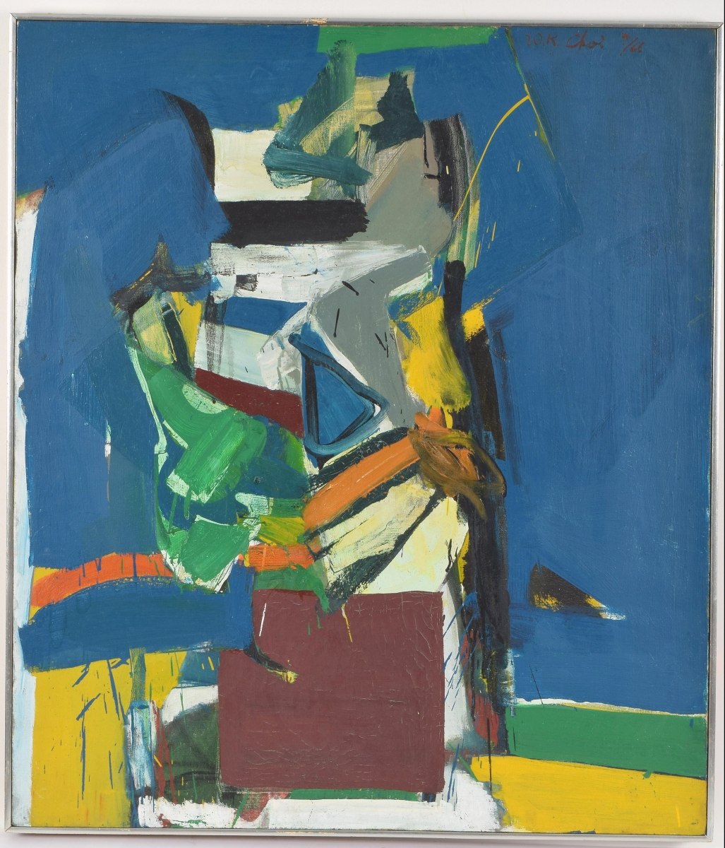 This large Korean abstract oil by Wook-Kyung Choi (1940-1985) was the top lot, part of her brief but prolific artistic career. “The Rainy Day in July,” 1966, sold for $47,720. From a local estate, it was signed and dated upper right and titled with a New York address on reverse. In a thin silver leaf frame, the oil on canvas measured 40 by 34 inches.