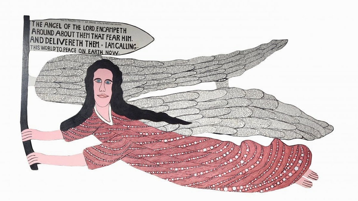 Among the largest Angel cutouts from Howard Finster (1916-2001) to ever appear at auction, this 8-foot-long example would bring $32,500. Slotin said only three of this size are known. It came to sale from Larry and Jane Schlachter, who were friends and neighbors of Finster at his Paradise Garden environment.