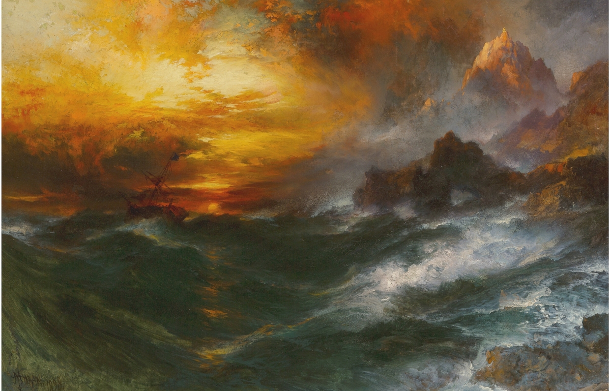 Thomas Moran's “A Mountain of Loadstone - Arabian Nights” evokes the seascapes of JMW Turner, whose works Moran saw in London in the 1860s. Nine bidders fought for the painting, which will be included in the next catalog raisonné of the artist.  It sold for $ 375,000 ($ 150 / 250,000).