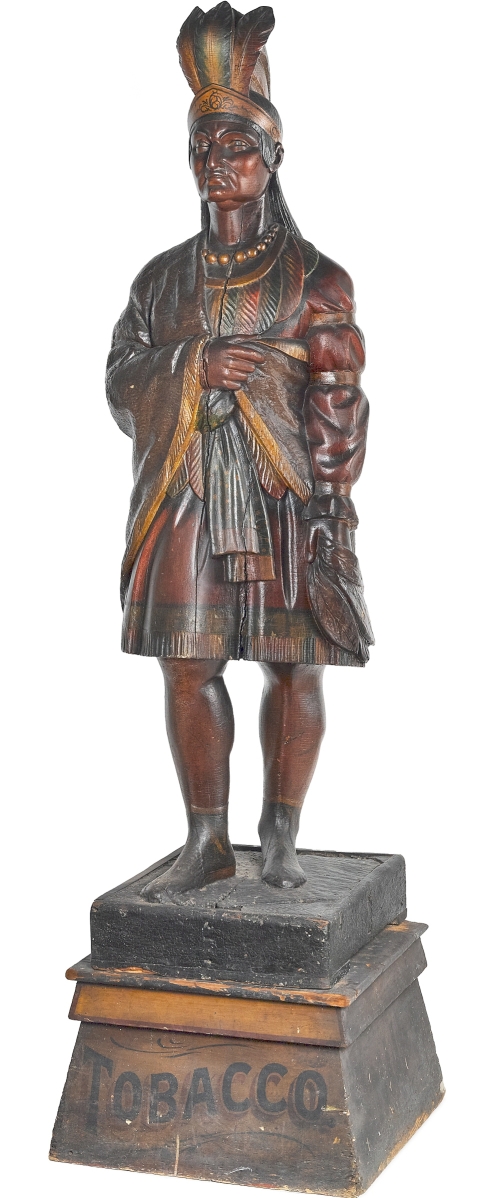 Lot number one was number one! Leading the sale was this cigar store Indian that had been made by Thomas Brooks for a Camden, N.J., tobacconist shop. Original condition and freshness to market helped drive bidding, which came from competing bids on six or seven phones, with one of them taking it to $63,000 ($30/50,000).