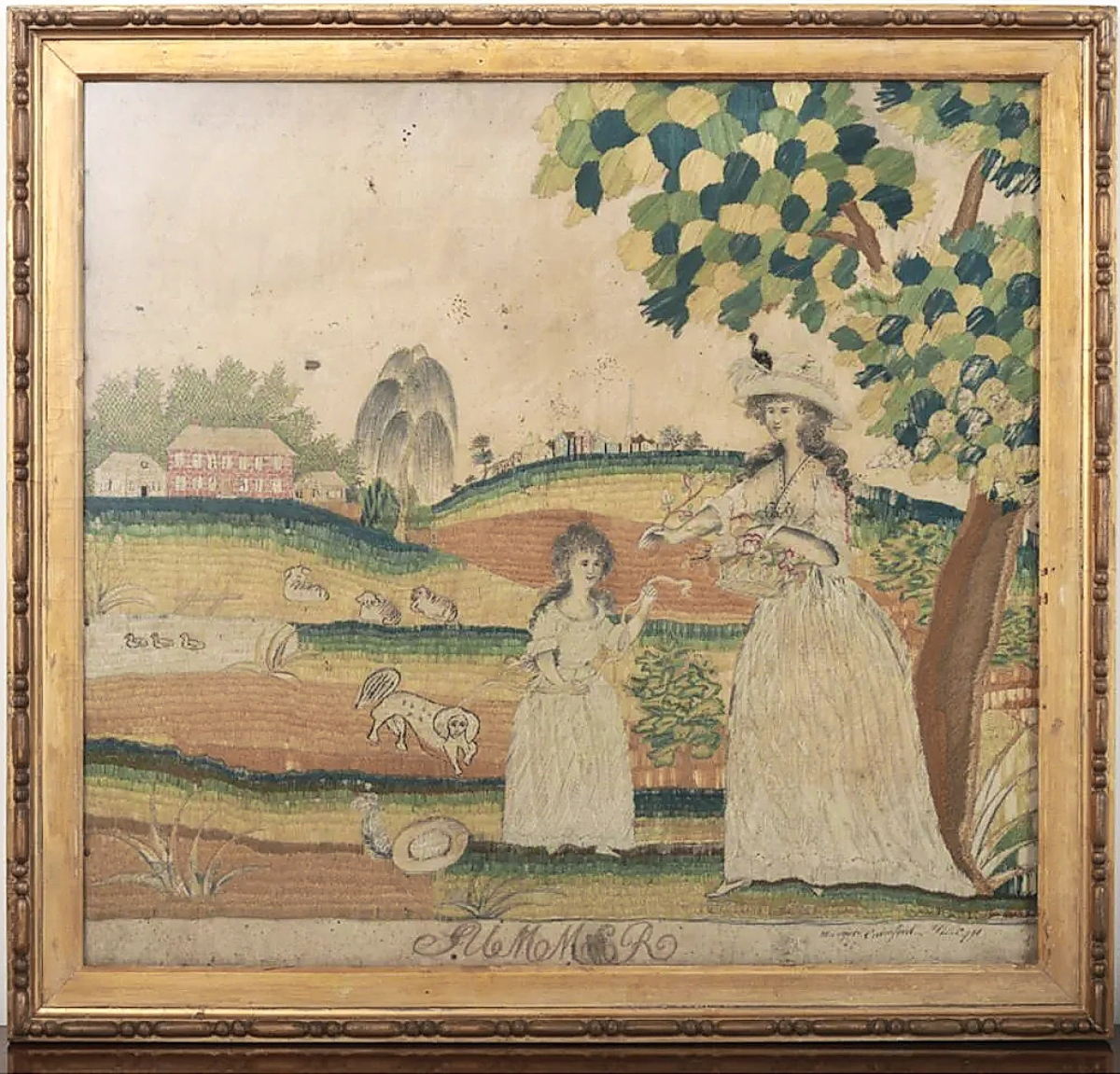 Selling for $4,428 was a 1791 needlework embroidery on silk by Margaret Crawford. The Philadelphia skyline can be seen in the background as a mother and daughter gather flowers.