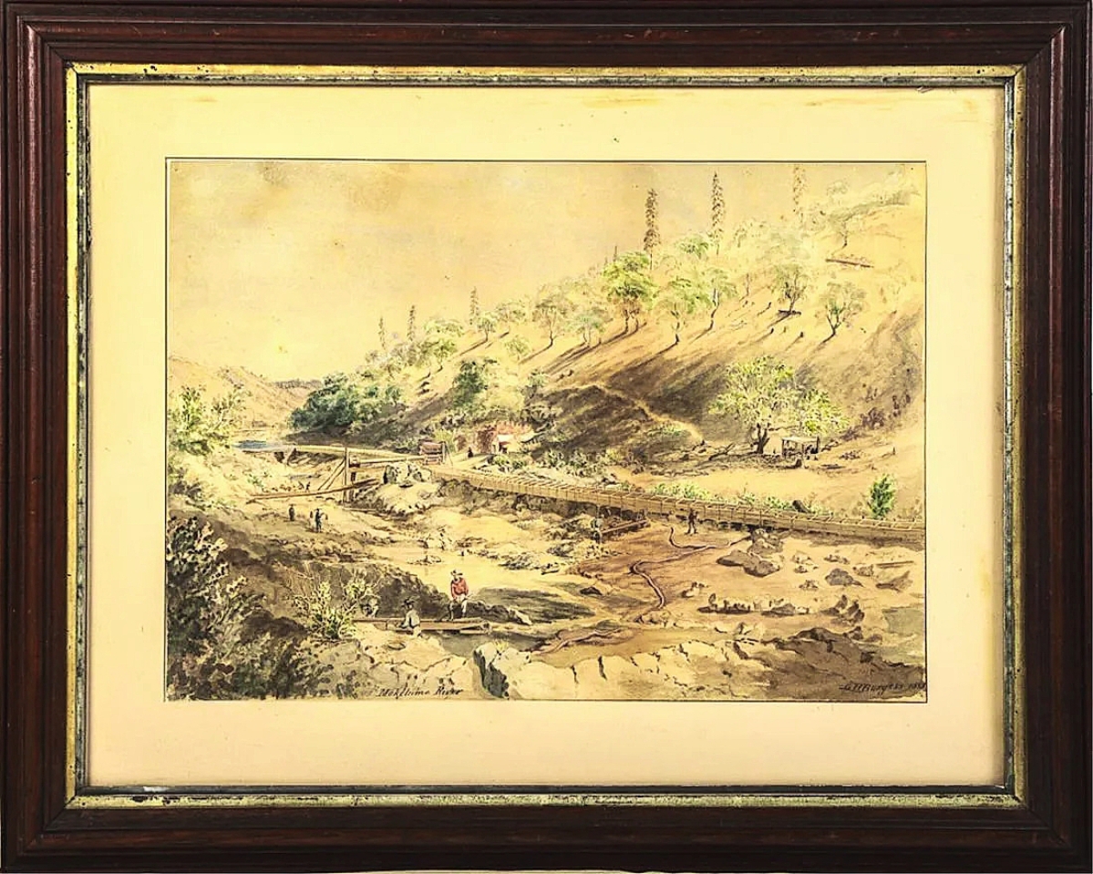Highest among any work of fine art was a watercolor by George Burgess, dated 1853. The scene depicts California’s Mokelunme River, which at one time ran with gold and attracted panhandlers from near and far. The watercolor, 10 by 14 inches, sold for $14,760.