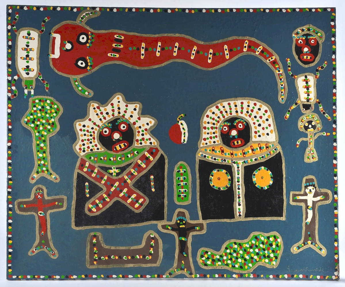 After passing away last year, South Carolina outsider artist Richard Burnside’s market is rising. An auction record was set at $3,075 for this work, 53 by 44 inches. It was purchased from Burnside by dealer Richard Causey Jr. The artist lived with Causey Jr for two years from 2006 to 2008.