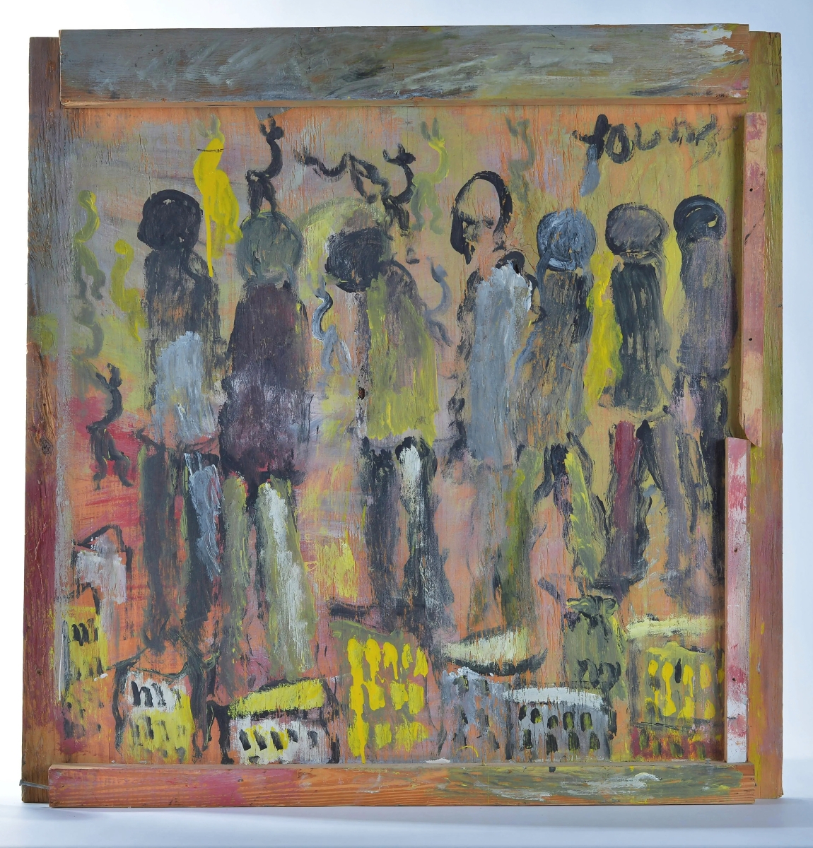 Forty-two artworks from Purvis Young were offered in this sale, consigned from two collections. Many were from the 1990s. This city scene led the pack at $3,690. Paint on plywood, 35½ by 35 inches.