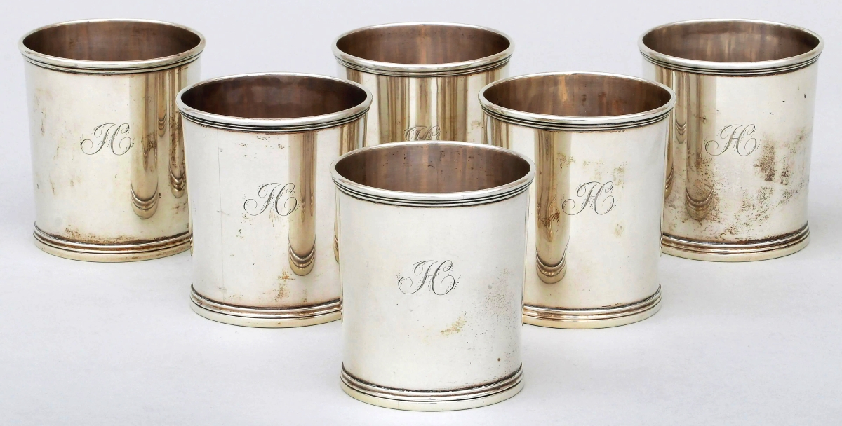 The sale’s top lot at $44,400 was a set of six silver julep cups by Lexington, Ky., silversmith Asa Blanchard, who was among Kentucky’s most successful early silversmiths. These cups featured a monogram “H” to all. Blanchard’s works are in the collection of MESDA and Winterthur. Gary Albert wrote of Blanchard in the 2014 MESDA Journal.