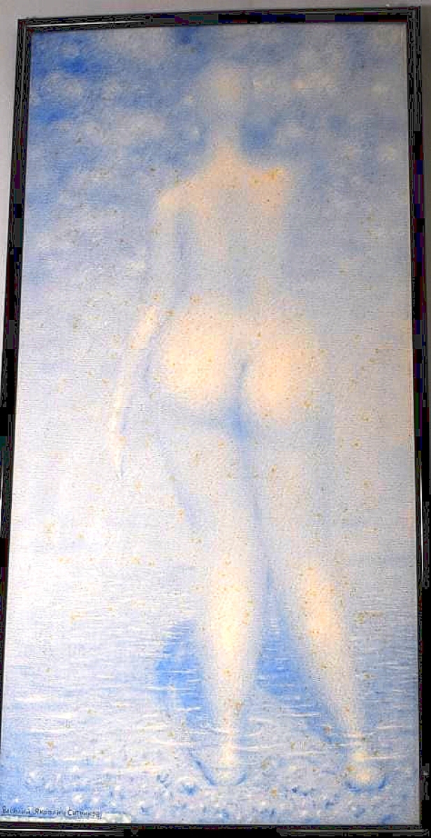 One of two “blue” nudes by Russian American artist Vassili Sitnikov. He spent most of his life in Russia, emigrating to the United States in 1980. This nude sold for $5,200 and the other for less.