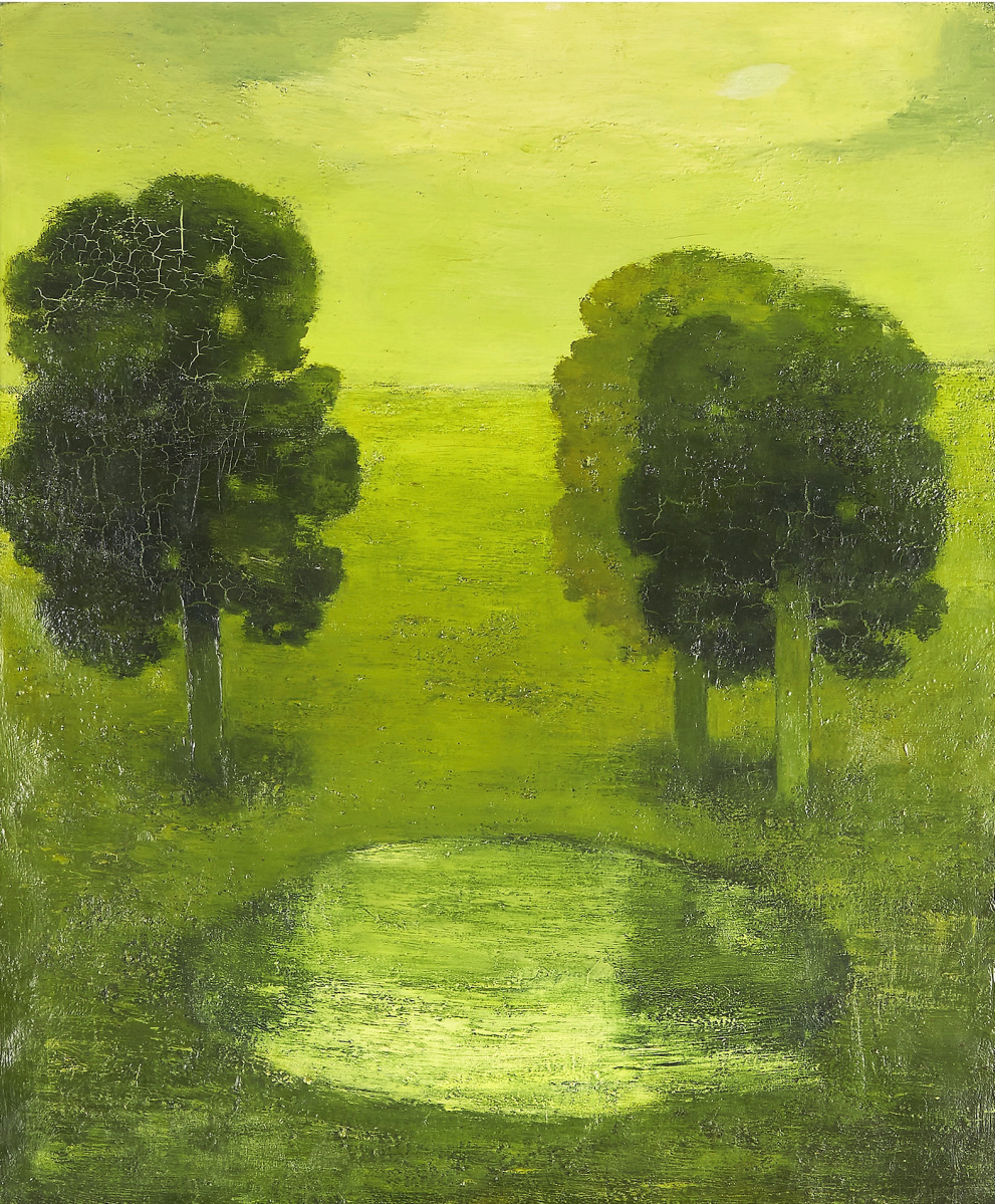 On Albert York’s “Reflections in the Pond,” scholar Martin Herbert observed, “God knows what time of day or night it is – the scene looks dipped in precious metals.” With a green aura, the 24-by-20-inch oil on canvas sold for $163,800. The work was featured in the artist’s first sold-out exhibition at Davis Galleries in 1963.
