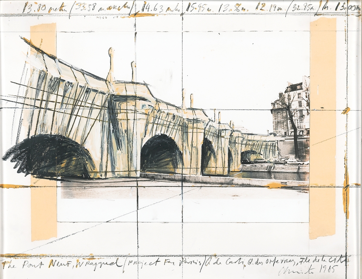“The Pont Neuf Wrapped/Project for Paris,” done by Christo (American, 1935-2020) in 1985, was executed in pencil, charcoal and wax crayon, photograph, enamel paint and tape on paper and measured 11 by 14 inches. It sold to an online international buyer for $43,750 ($25/35,000).