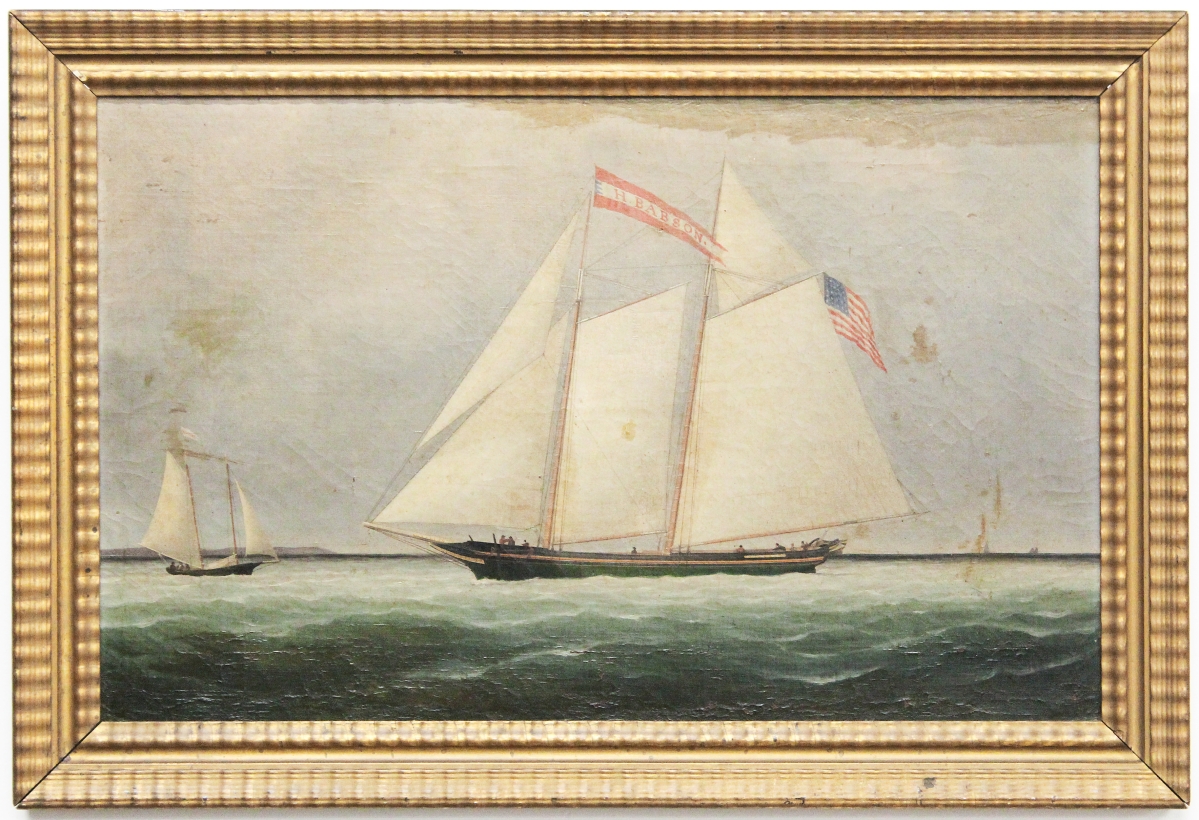 An unsigned American school oil on canvas of the schooner ship H. Babson, which had descended in the Babson family, sailed to a strong finish, bringing $51,750 against a $2/4,000 estimate.