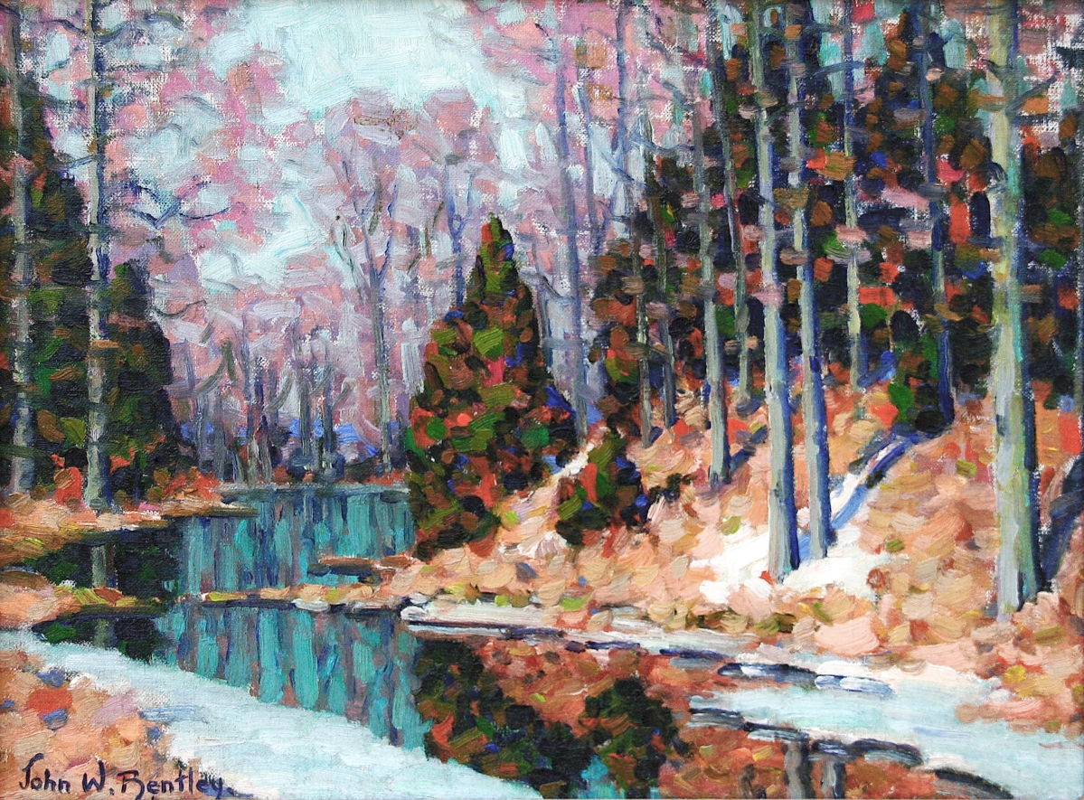Woodstock art colony artist John Bentley (1880-1951) painted this oil on board landscape, circa 1940. Signed lower left, framed and inscribed with a personal note verso, it sold for $11,400.