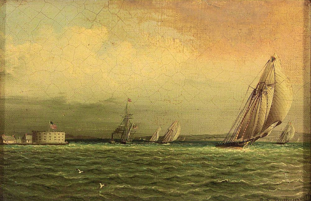 The top price achieved for a work consigned from a Long Island collection was this painting of ships in New York Harbor by James Edward Buttersworth (American, 1817-1894). The oil on canvas was small — just 7 by 10 inches — but it brought the large price of $27,500 ($10/15,000).